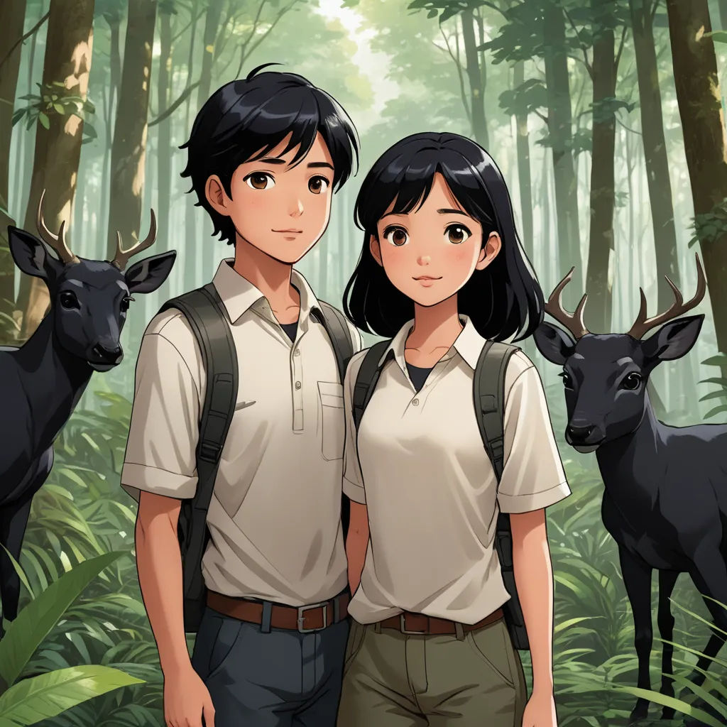 a couple of people standing in front of a forest with animals on it's back and trees in the background, serial art, a character portrait, David Park, official art