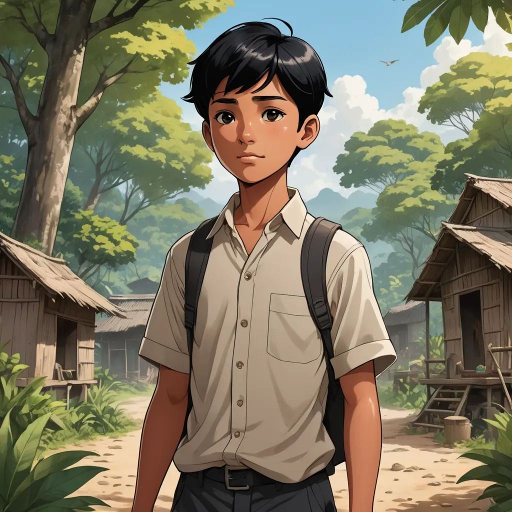 a boy in a shirt and backpack standing in front of a village with trees and houses on the other side, sumatraism, a character portrait, Basuki Abdullah, official art