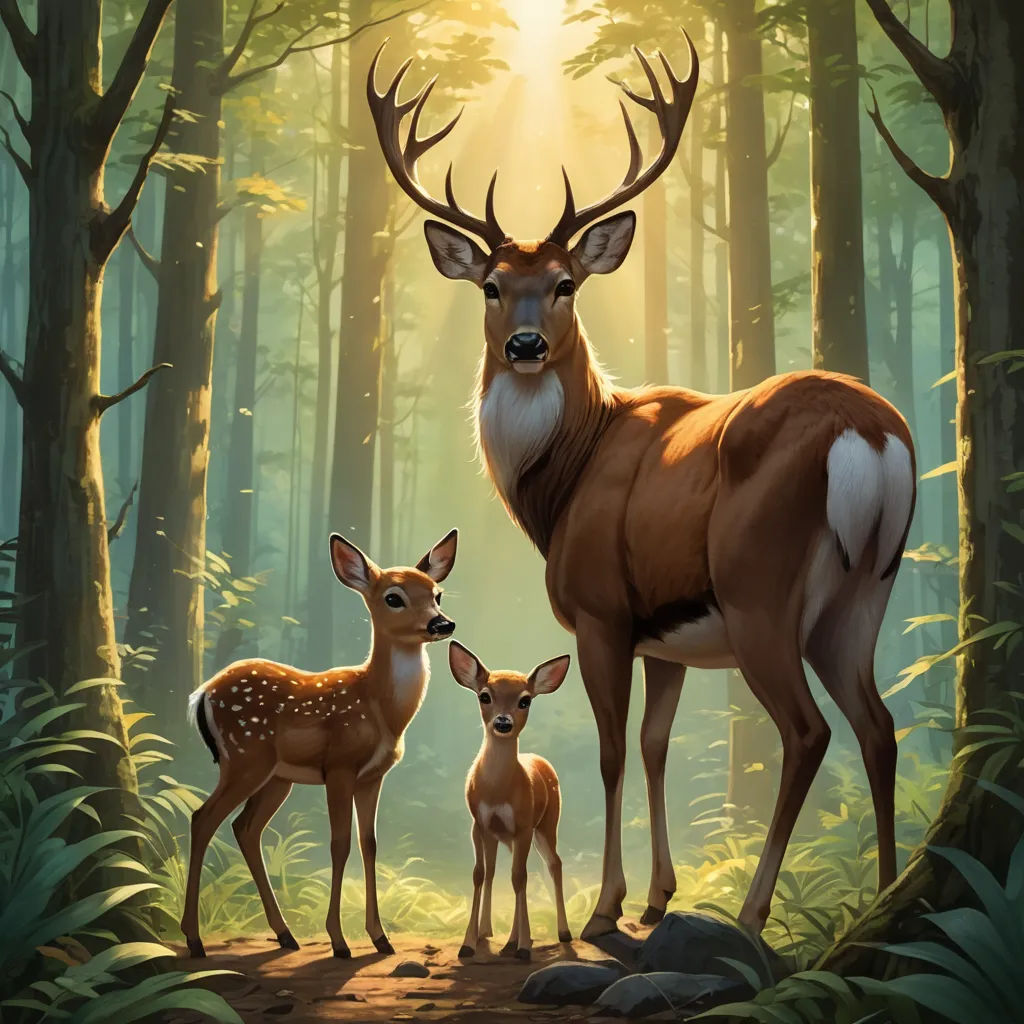 a deer and her baby are standing in the woods together, with the sun shining through the trees behind them, furry art, a digital painting, Dan Mumford, official art