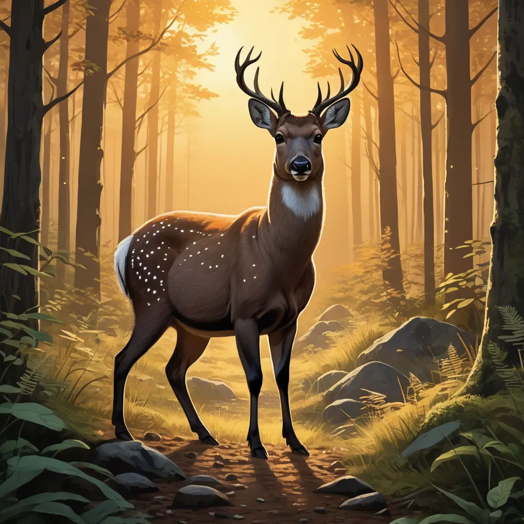 a deer standing in a forest with a sun shining through the trees behind it and a trail leading to it, sots art, a digital painting, Dan Mumford, game art