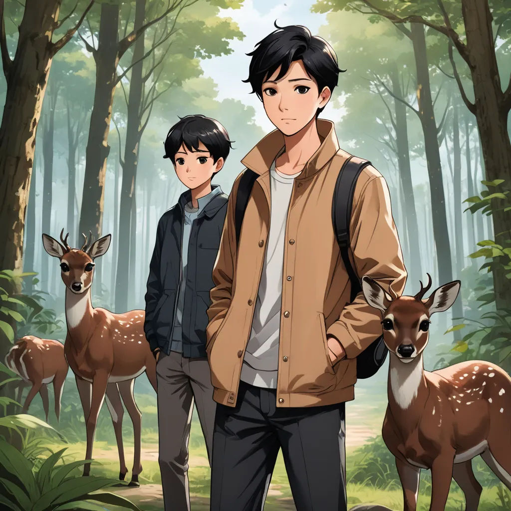 a man and a boy standing in a forest with deers behind them, with trees and bushes in the background, sots art, concept art, David Park, official art