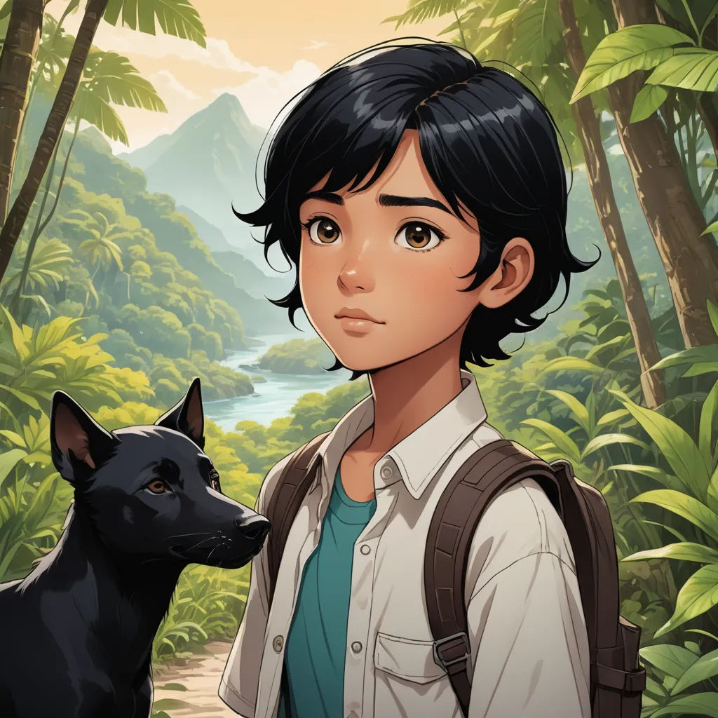 a young girl standing next to a black dog in a forest with a river in the background and a mountain range in the background, serial art, a character portrait, Cedric Seaut (Keos Masons), key art