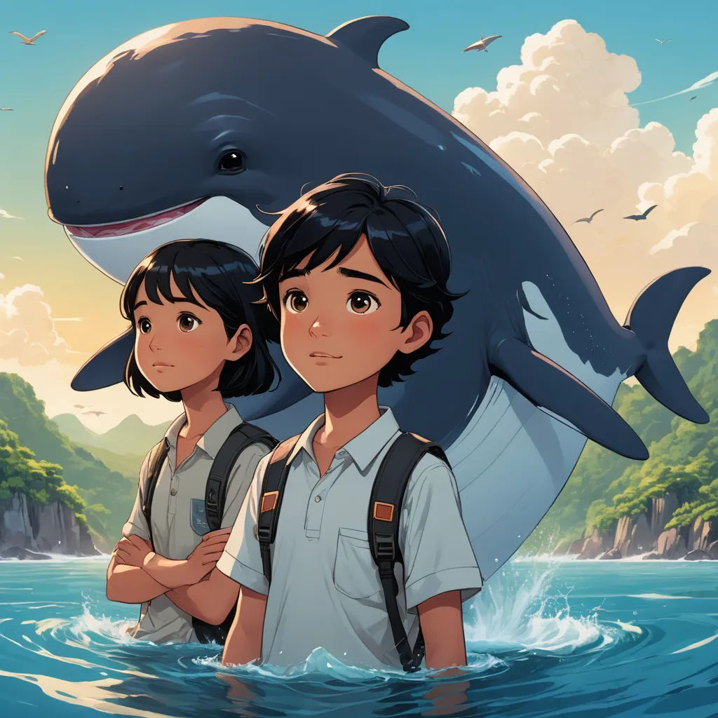 a boy and a girl standing in the water with a dolphin on their back and a mountain in the background, rayonism, a storybook illustration, Diego Gisbert Llorens, official art