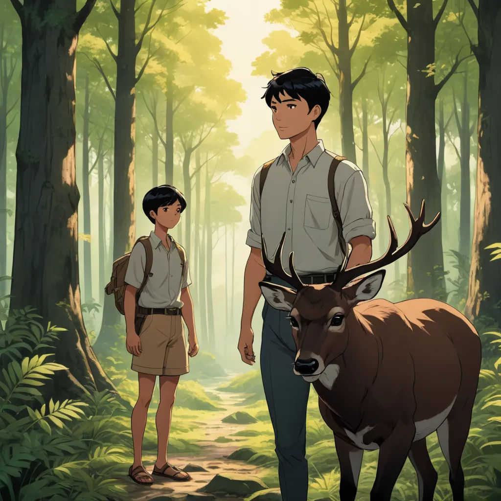 a man and a woman standing in a forest with a deer in front of them, with a forest background, environmental art, poster art, Du Jin, official art
