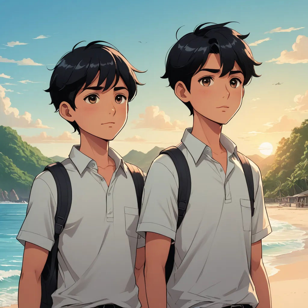 two people standing next to each other on a beach near the ocean with a sunset in the background and a mountain in the background, serial art, a character portrait, Adam Manyoki, official art