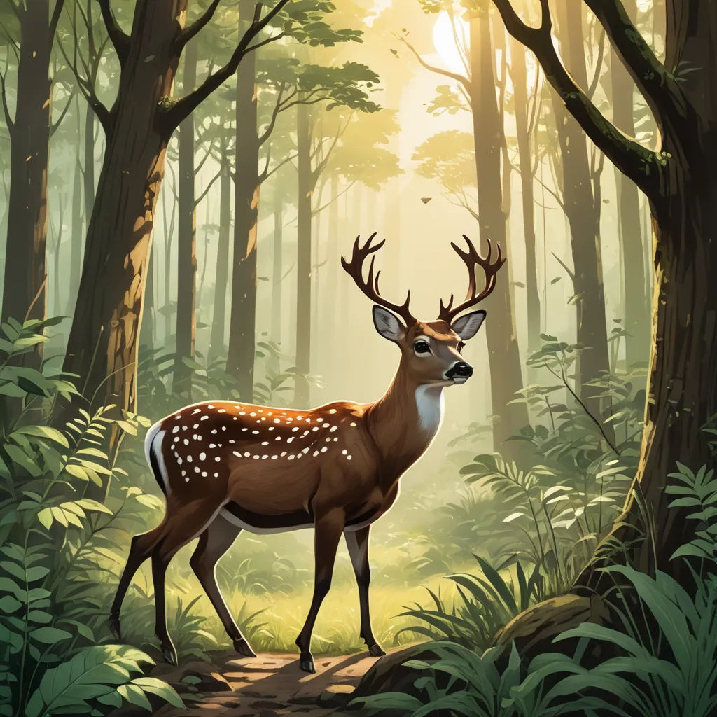 a deer standing in the middle of a forest with tall trees and grass on the ground, with sunlight shining through the trees, environmental art, a storybook illustration, Dan Mumford, leesha hannigan