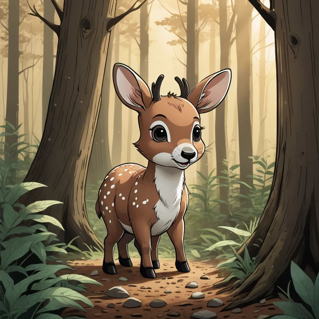 a deer standing in the middle of a forest with rocks and trees around it, looking at the camera, furry art, a character portrait, Claire Hummel, leesha hannigan