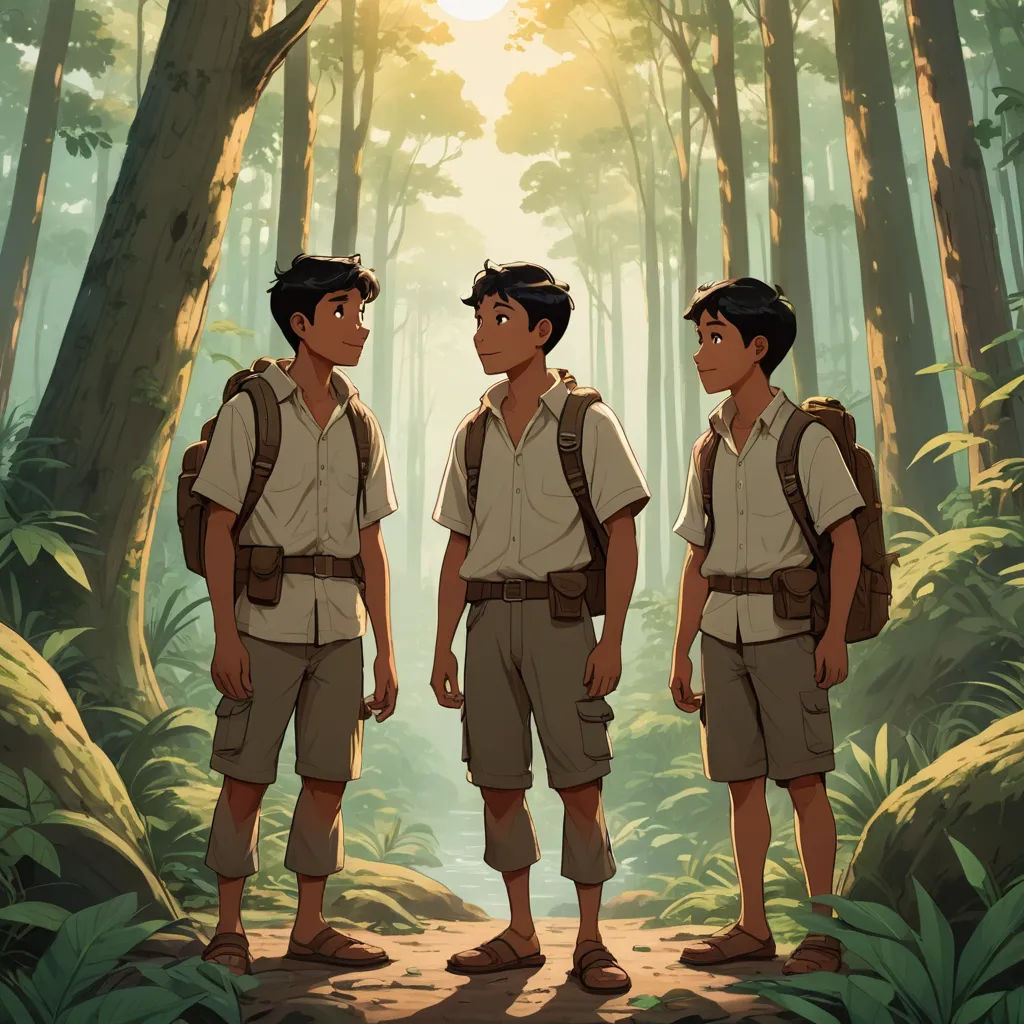 three young men standing in the middle of a forest with a sun shining through the trees behind them and a forest floor, primitivism, poster art, Basuki Abdullah, official art