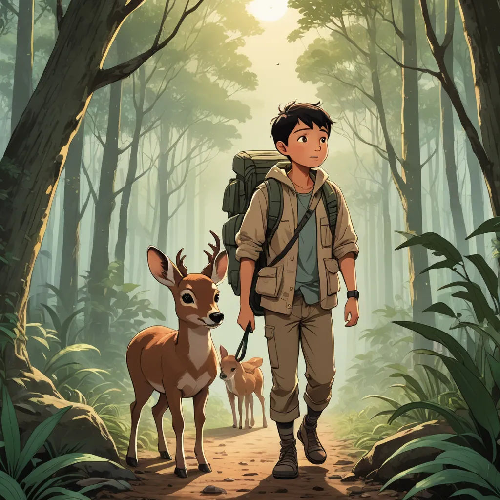 a man with a backpack and a deer in a forest with trees and bushes on either side of him, environmental art, poster art, Cliff Childs, key art