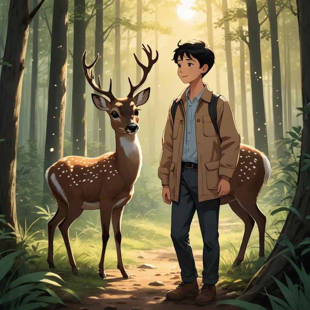 a man standing next to a deer in a forest with trees and grass behind him, with the sun shining through the trees, environmental art, a character portrait, David Park, official art