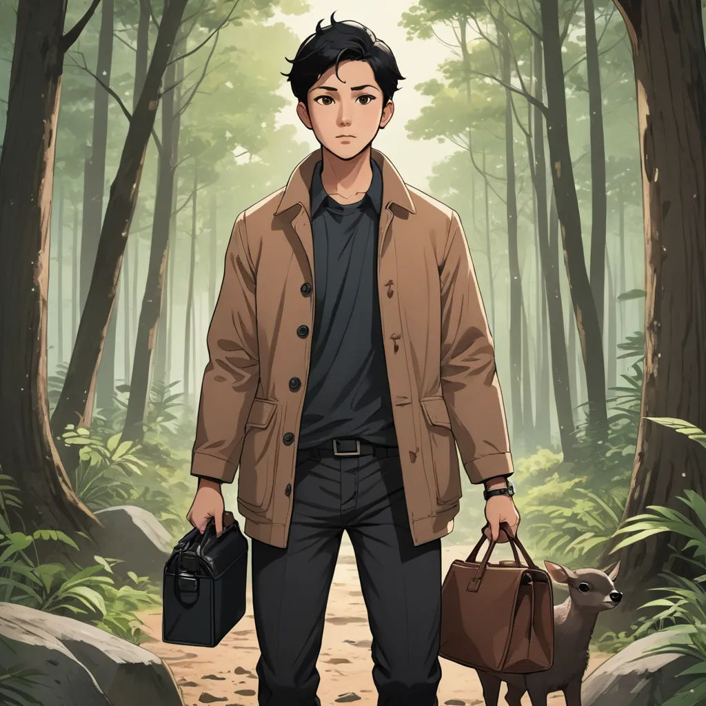 a man holding a briefcase and a bag in a forest with a deer in the background and a forest path, serial art, a character portrait, David Park, official art