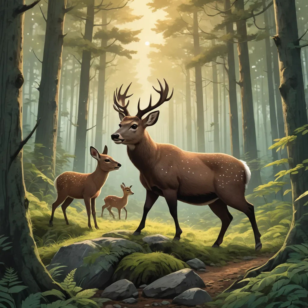 a painting of two deer in a forest with rocks and trees in the background, with the sun shining through the trees, american scene painting, a storybook illustration, Dan Mumford, official art