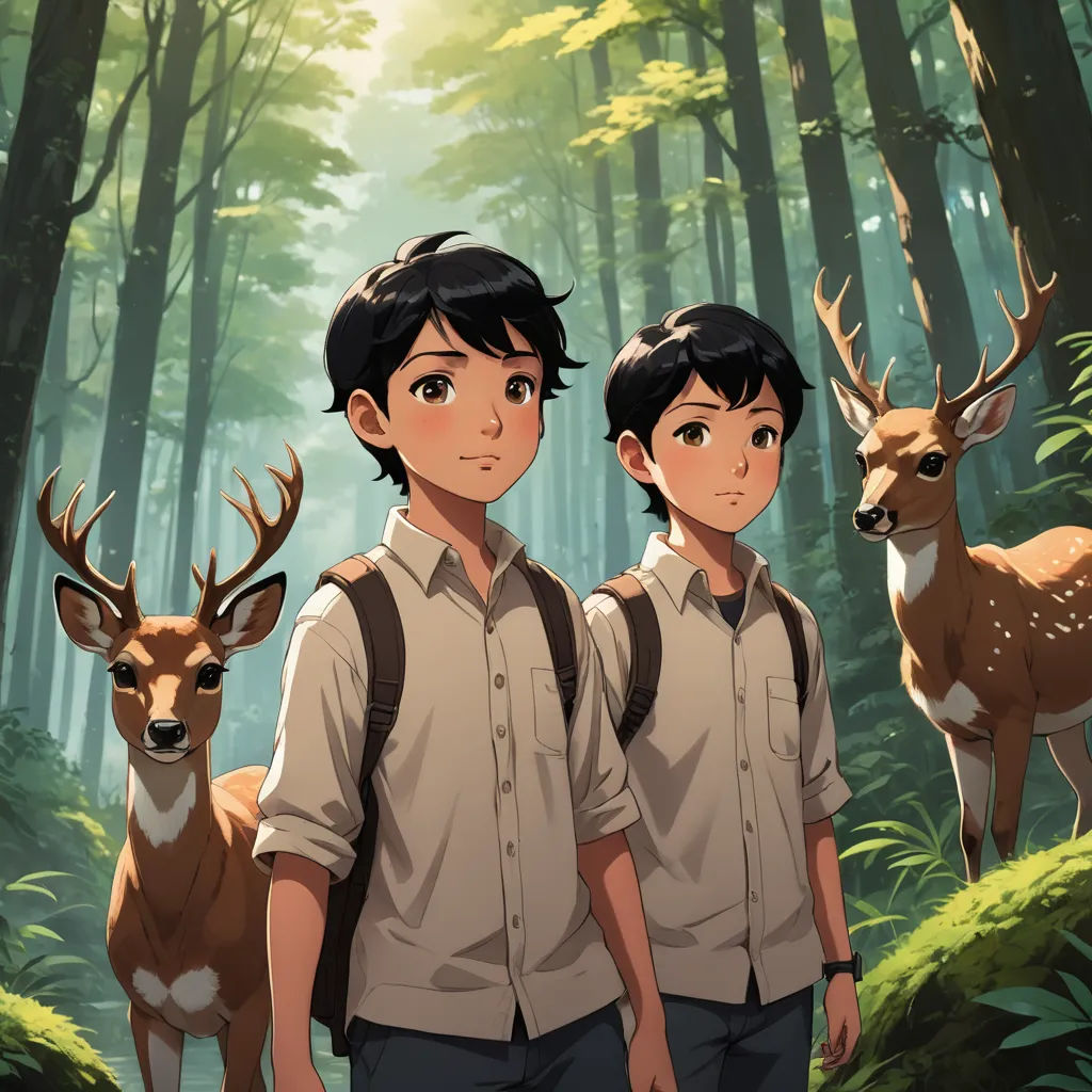 two young boys standing in front of a forest with deer in the background, with a forest scene in the background, environmental art, concept art, Basuki Abdullah, official art