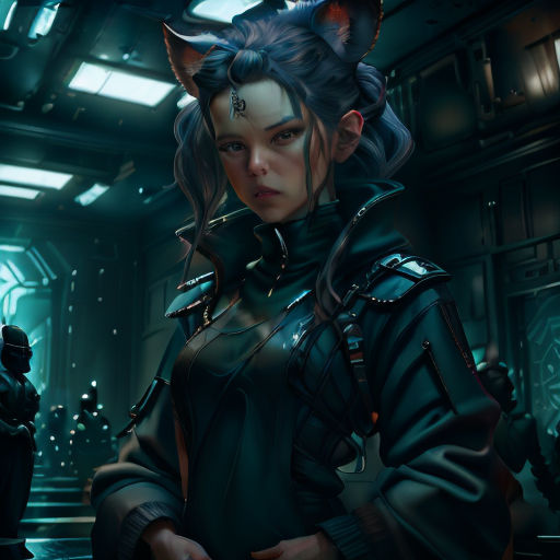a woman in a futuristic suit with a cat on her head and a gun in her hand in a sci - fi setting