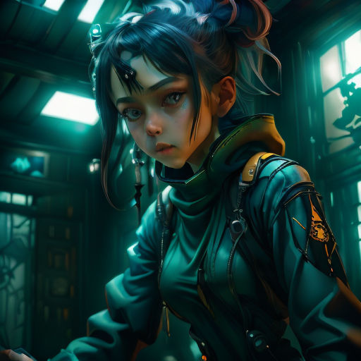 a woman in a futuristic suit holding a cell phone in a room with windows and a ceiling light in the background