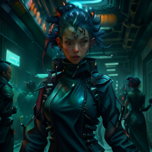 a woman in a futuristic suit standing in a hallway with other people in the background and a neon light
