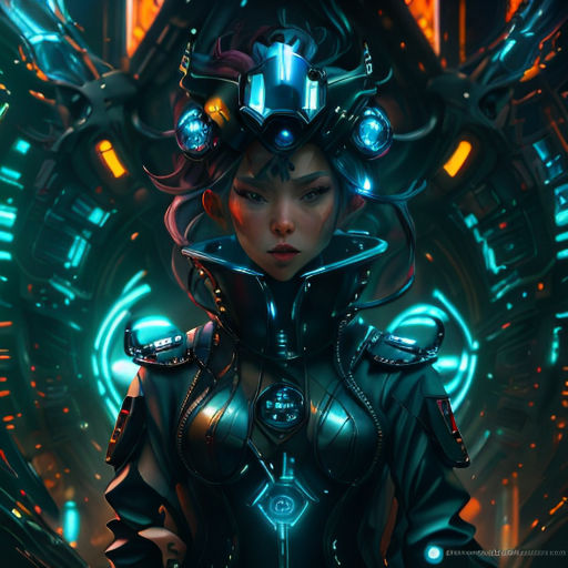 a woman in a futuristic suit with a futuristic helmet on her head and a futuristic background with lights and circles