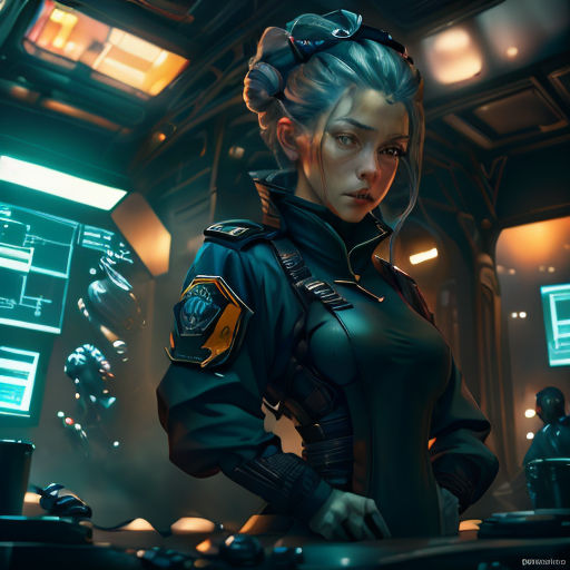 a woman in a futuristic suit standing in a room with a computer screen and a monitor screen behind her