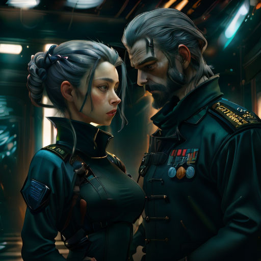 a man and a woman in uniform standing next to each other in a room with lights on the ceiling