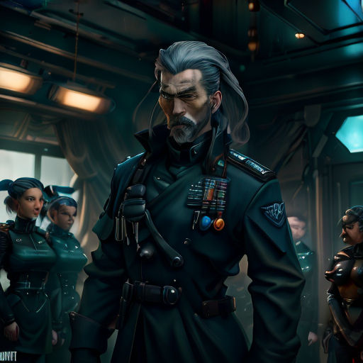 a group of people standing around each other in a room with a man in uniform and a woman in a dress