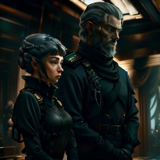 a man and a woman in uniform standing next to each other in a room with a ceiling light and a window