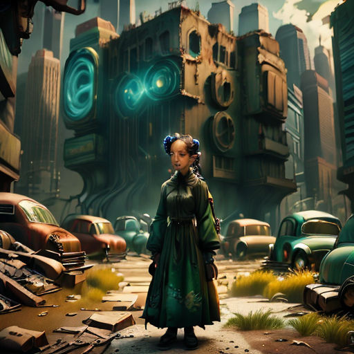 a woman standing in a futuristic city with a green light on her head and a green light on her head