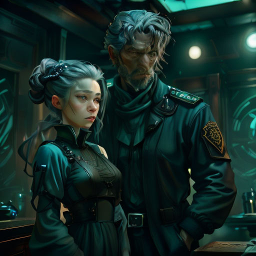 a man and a woman standing next to each other in a room with lights on the ceiling and a clock on the wall
