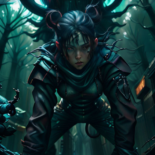 a woman in a costume with horns and horns on her head in a forest with trees and a building