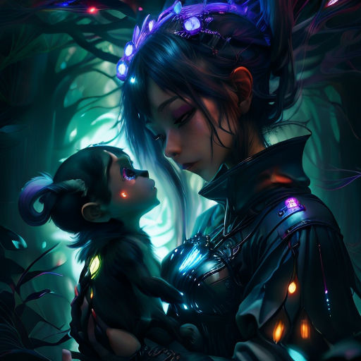 a woman and a child are in a forest with glowing lights on their faces and hair, and one is holding the other