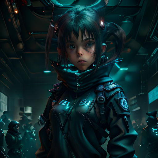 a woman in a futuristic suit standing in a room with other people in the background and a clock on the wall
