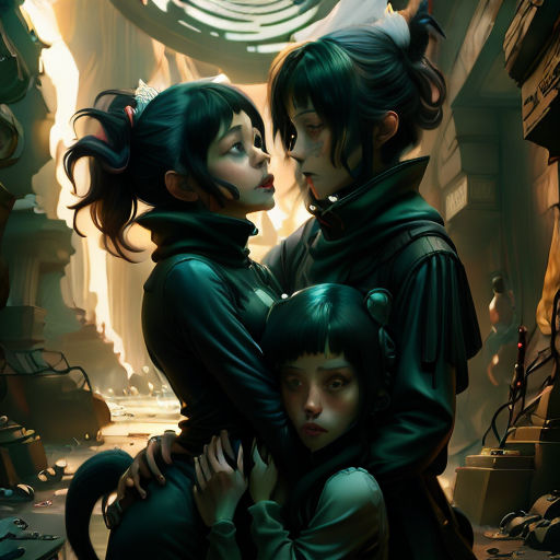 two women in green outfits are hugging each other in a room with a clock on the wall behind them