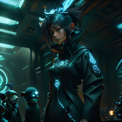 a woman in a futuristic suit standing next to a cat and a man in a suit with a cat on his shoulder