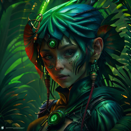 a woman with green hair and a green face and green eyes in a jungle setting with plants and leaves