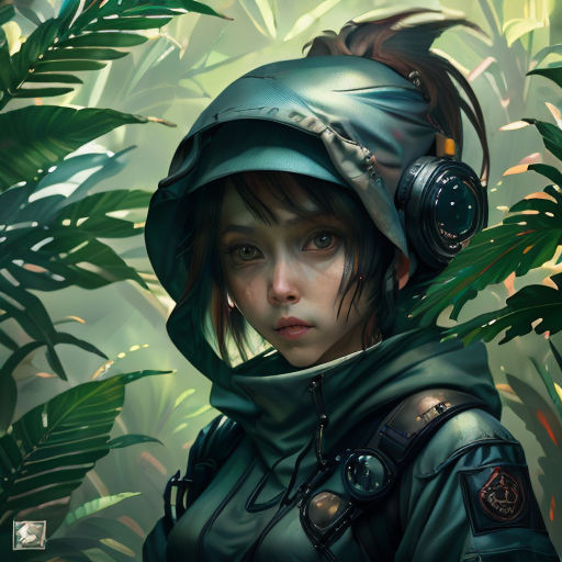 a woman in a helmet and hood in a jungle with plants and plants around her, looking at the camera