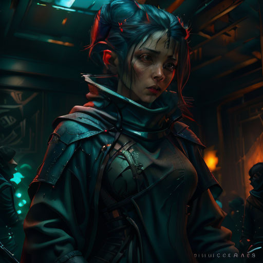 a woman in a futuristic suit holding a knife in her hand and looking at the camera with a serious look on her face