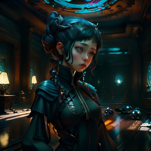 a woman in a futuristic suit standing in a room with a clock on the wall and a ceiling light