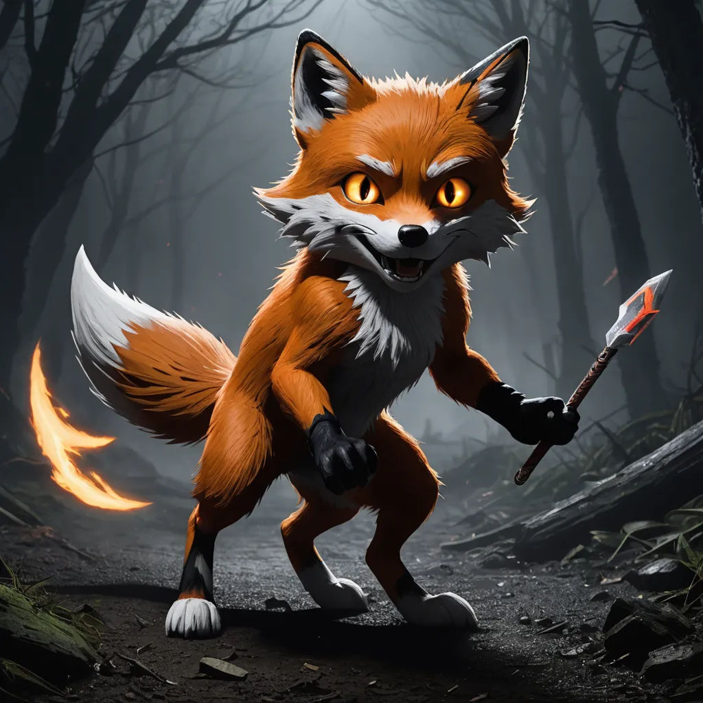 a fox with a sword in a forest with trees and fogs in the background, with a glowing yellow eye, furry art, concept art, Cedric Seaut (Keos Masons), official art