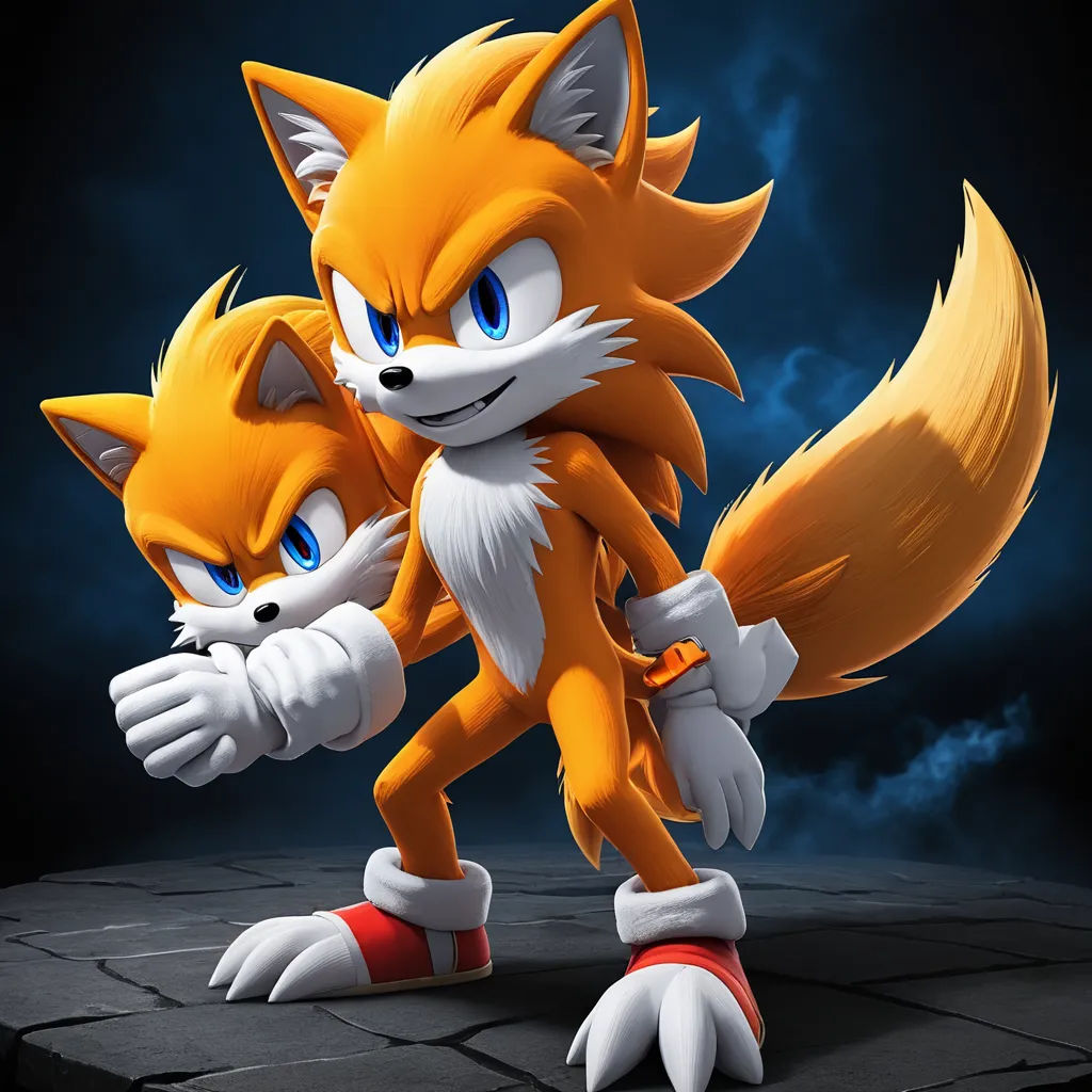 a cartoon picture of two tails hugging each other on a stone surface with a dark background and a blue sky, sots art, a 3D render, Adam Rex, official art