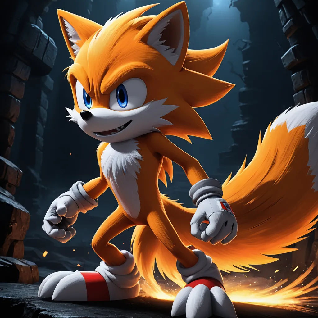 a cartoon of a fox with blue eyes and a tail, running in a dark forest with a glowing light, sots art, concept art, Chris LaBrooy, official art