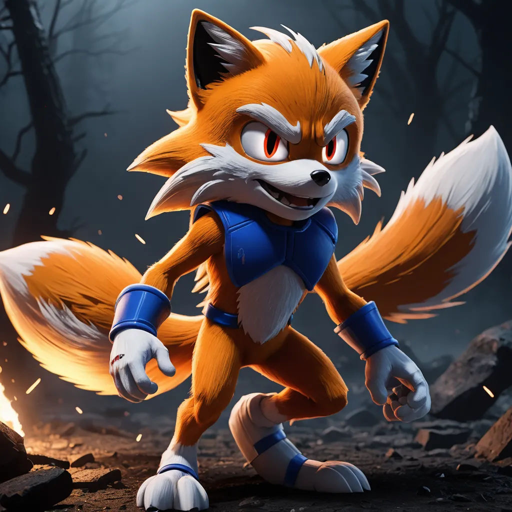 a cartoon fox with a blue shirt and a red tail and a black background with a tree and a light, sots art, a 3D render, Chris LaBrooy, unreal engine 5 quality render