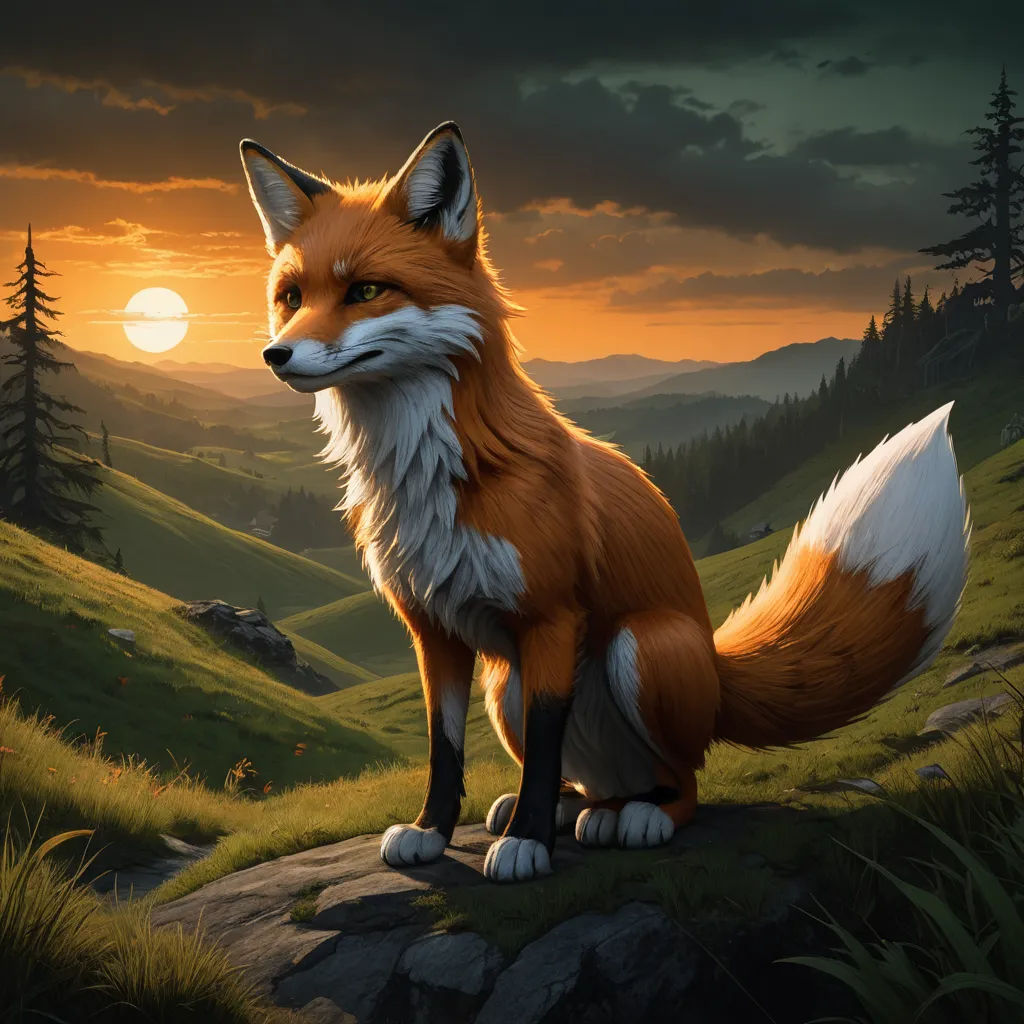 a fox sitting on a rock in a field at sunset with a full moon in the background and a dark sky, furry art, an airbrush painting, Chris LaBrooy, official art