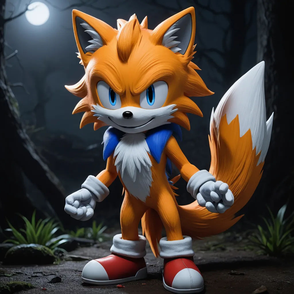 a toy figure of a fox with blue eyes and a tail, standing in a forest at night with a full moon in the background, sots art, a 3D render, Chris LaBrooy, unreal engine 5 quality render