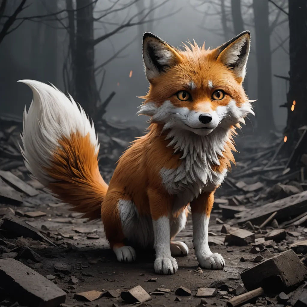 a fox standing on a pile of rubble in a forest with a fire in the background and a forest fire in the foreground, furry art, a 3D render, Chris LaBrooy, official art