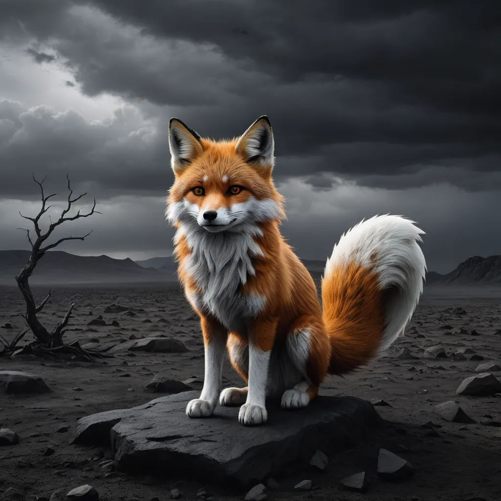 a red fox sitting on top of a rock in a desert under a cloudy sky with a tree in the foreground, furry art, a 3D render, Dirk Crabeth, promotional image