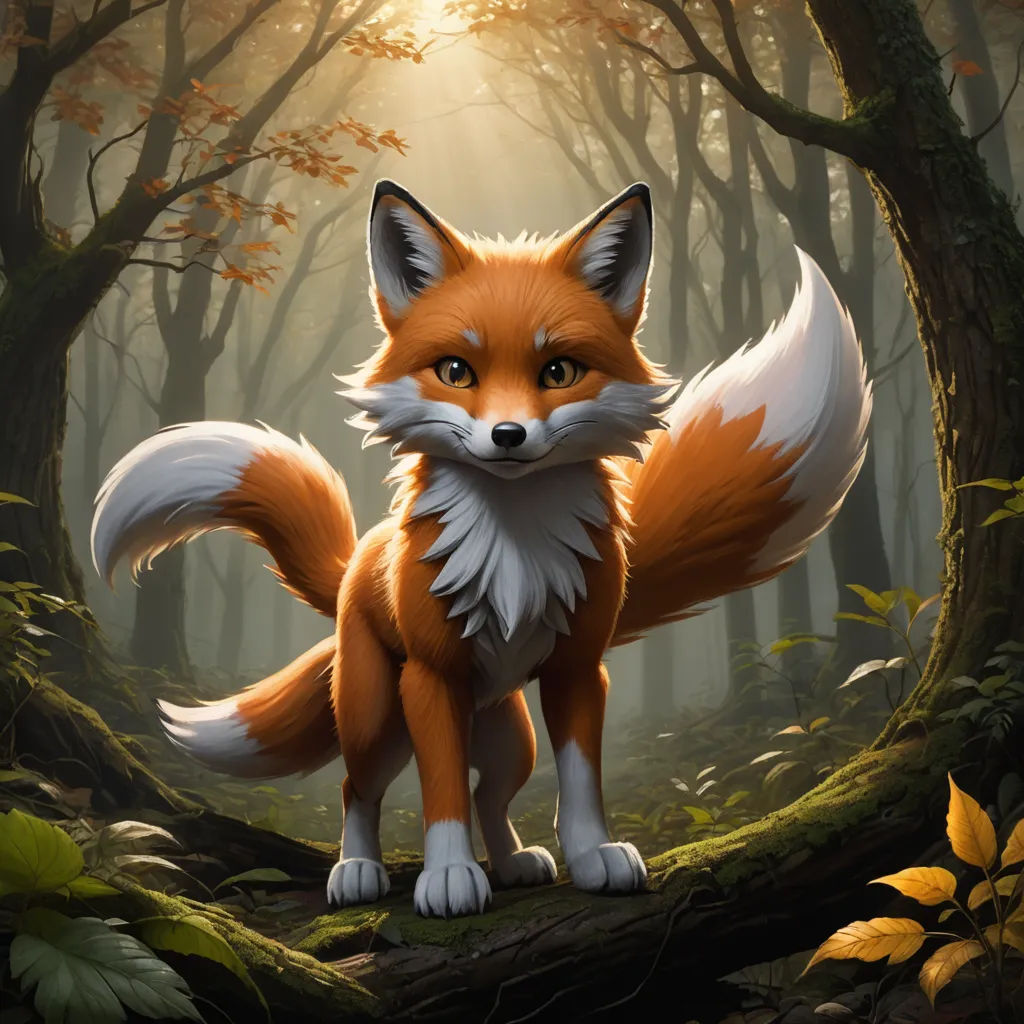 a red fox standing in a forest with a light shining through the trees behind it and a forest floor, furry art, a fine art painting, Brom, official art