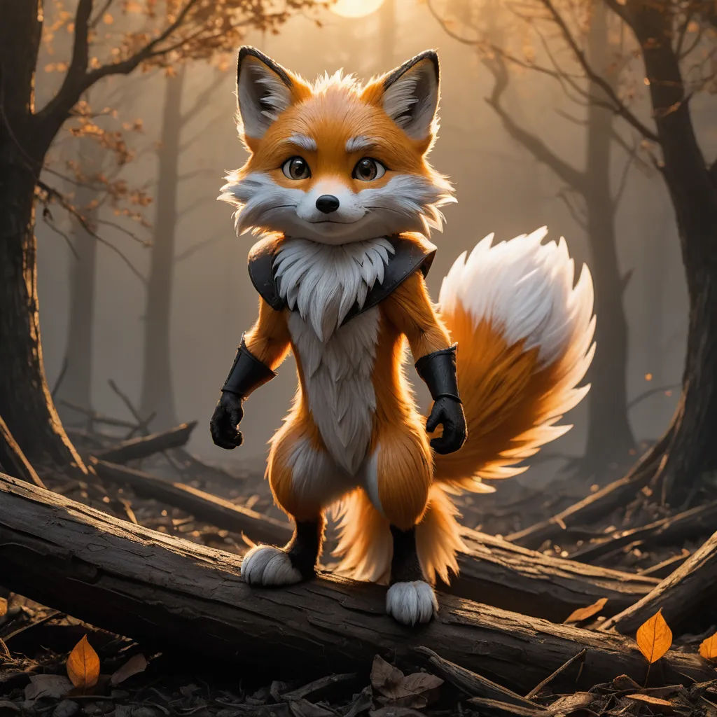 a fox standing on a log in a forest with a sun in the background and leaves on the ground, furry art, a 3D render, Cedric Seaut (Keos Masons), ultra realistic digital art