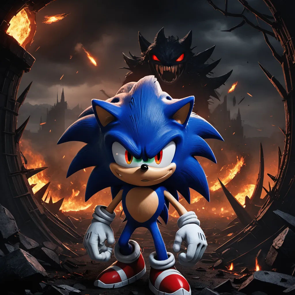 a sonic the hedgehog character in a dark background with flames and a demon in the background with a black background, sots art, concept art, Eddie Mendoza, key art