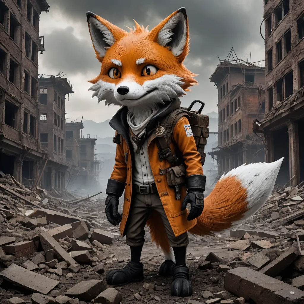 a fox in a leather jacket standing in a rubble area with a backpack on his back and a backpack on his shoulder, furry art, an ambient occlusion render, Cedric Seaut (Keos Masons), ultra realistic digital art