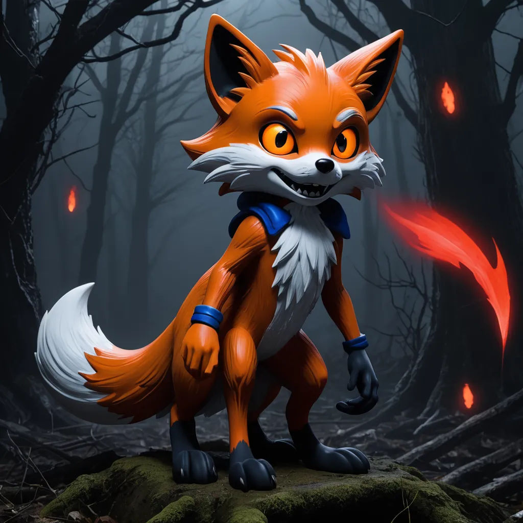 a cartoon fox with a blue shirt and a red tail standing in a forest with a glowing light behind it, sots art, concept art, Cedric Seaut (Keos Masons), rossdraws global illumination