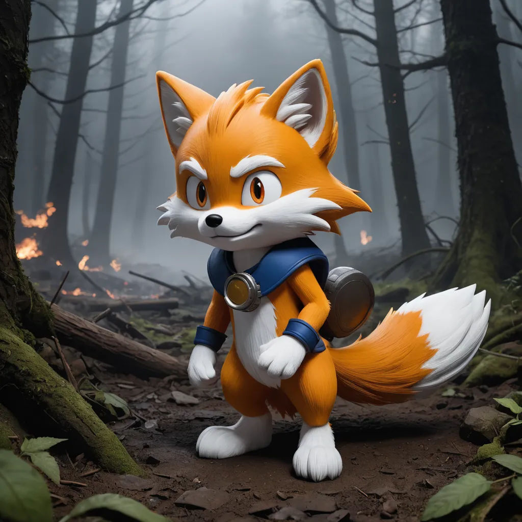 a toy fox is standing in the woods with a fire in the background and a forest scene behind it, furry art, a 3D render, Chris LaBrooy, unreal engine 5 quality render
